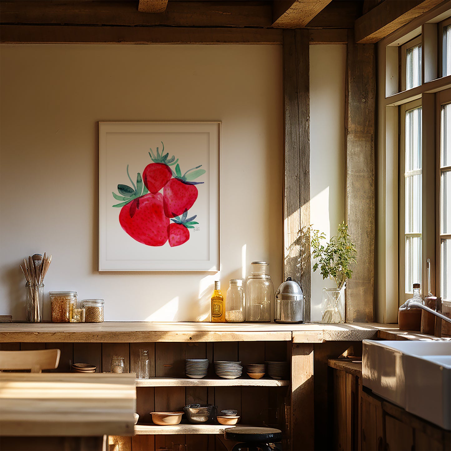 a cozy kitchen scene with a wooden counter, a framed picture of red strawberries, and various kitchen items such as jars, bottles, and a potted plant.