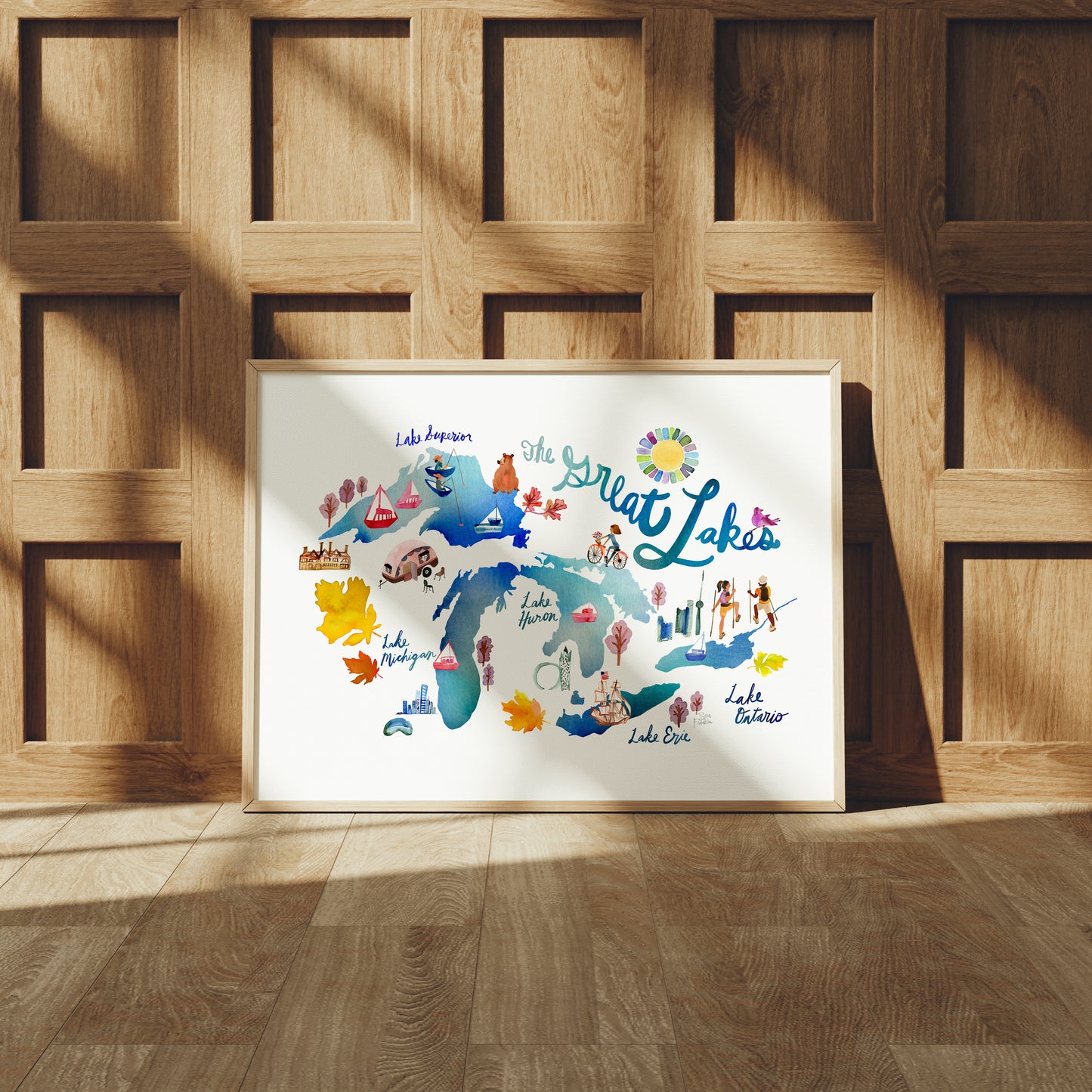 a picture of a wood paneled wall with a picture of a map of the