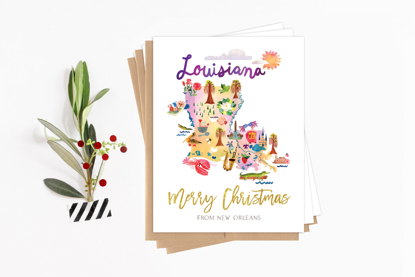 Custom Louisiana Map Holiday Card
