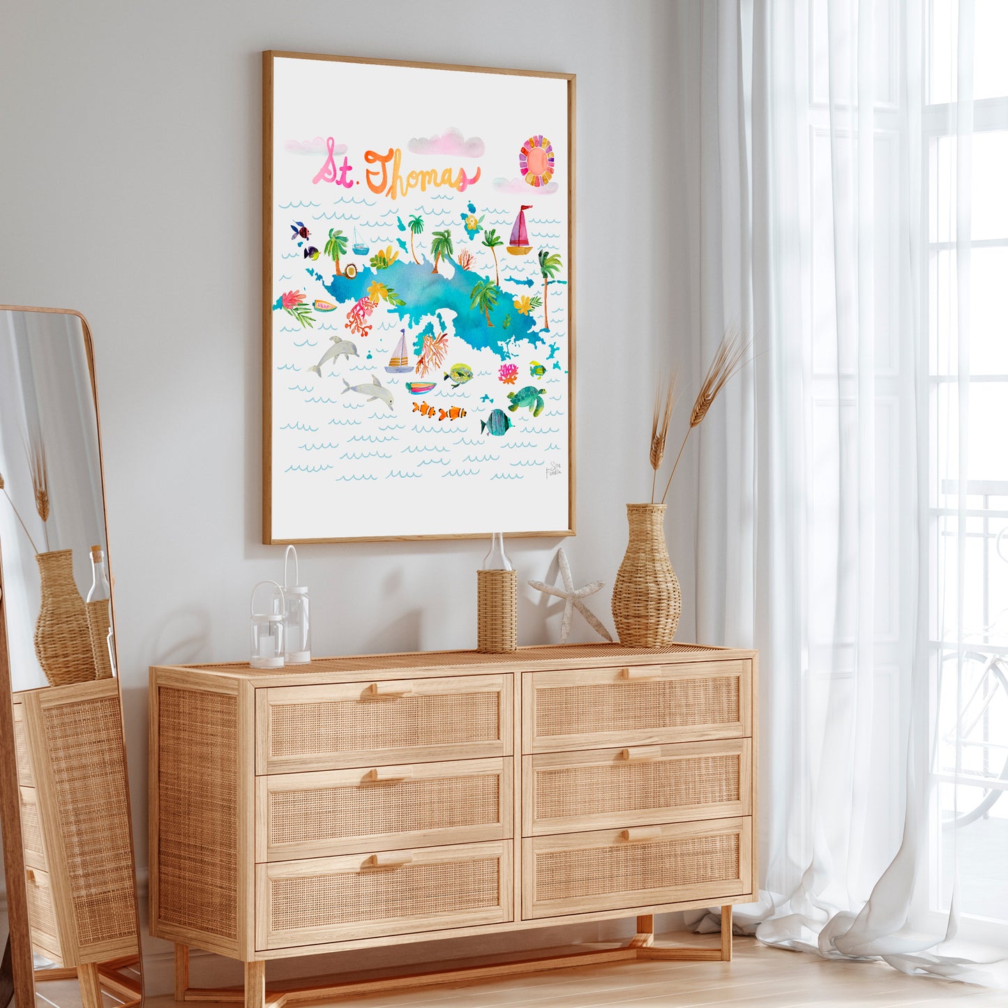 a wooden dresser with a mirror on top of it