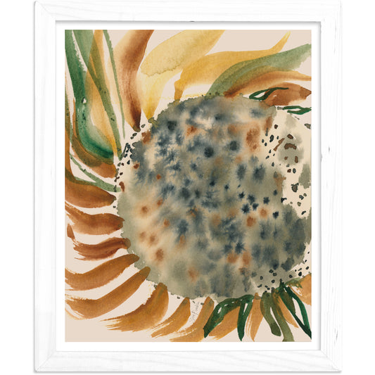 The image is a framed watercolor painting depicting a large, abstract sunflower with a mix of green, orange, and brown colors.