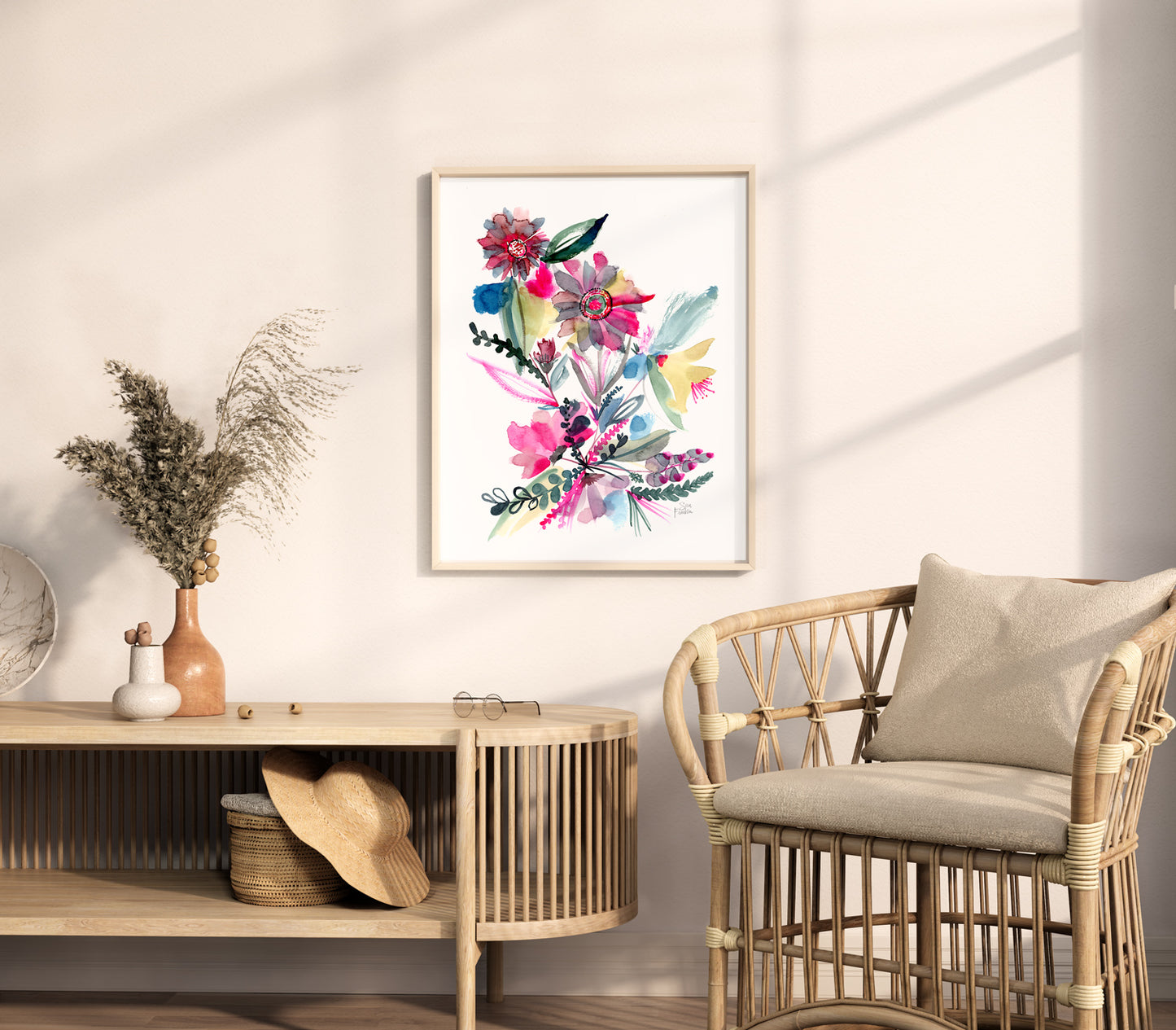a room with a chair and a table with a vase of flowers on it