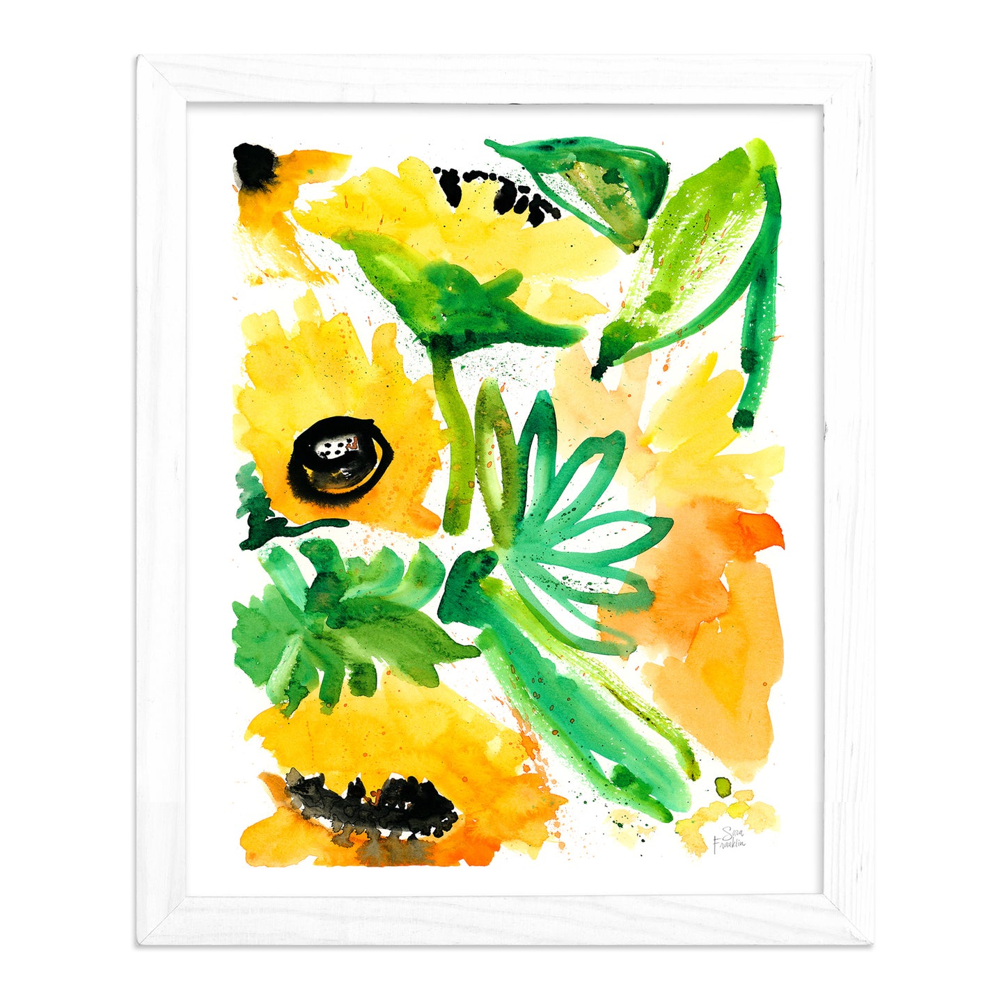 a painting of yellow flowers with green leaves