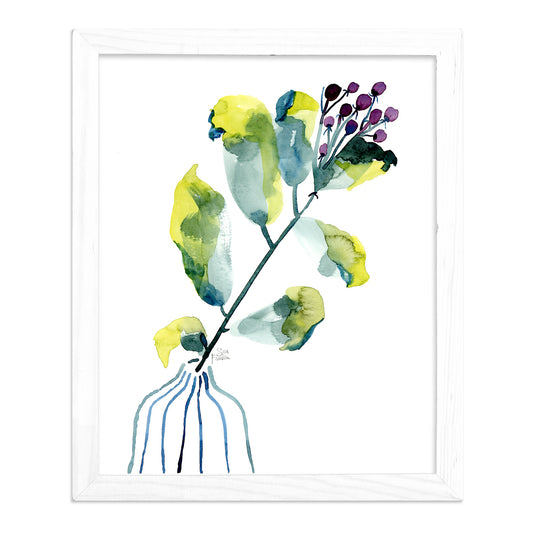 a watercolor painting of yellow flowers in a white frame