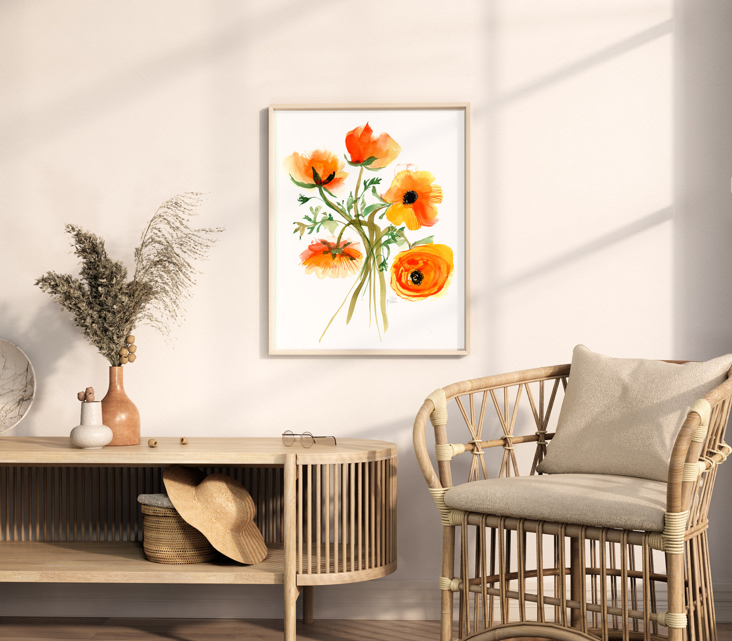 a room with a chair and a table with a vase of flowers on it