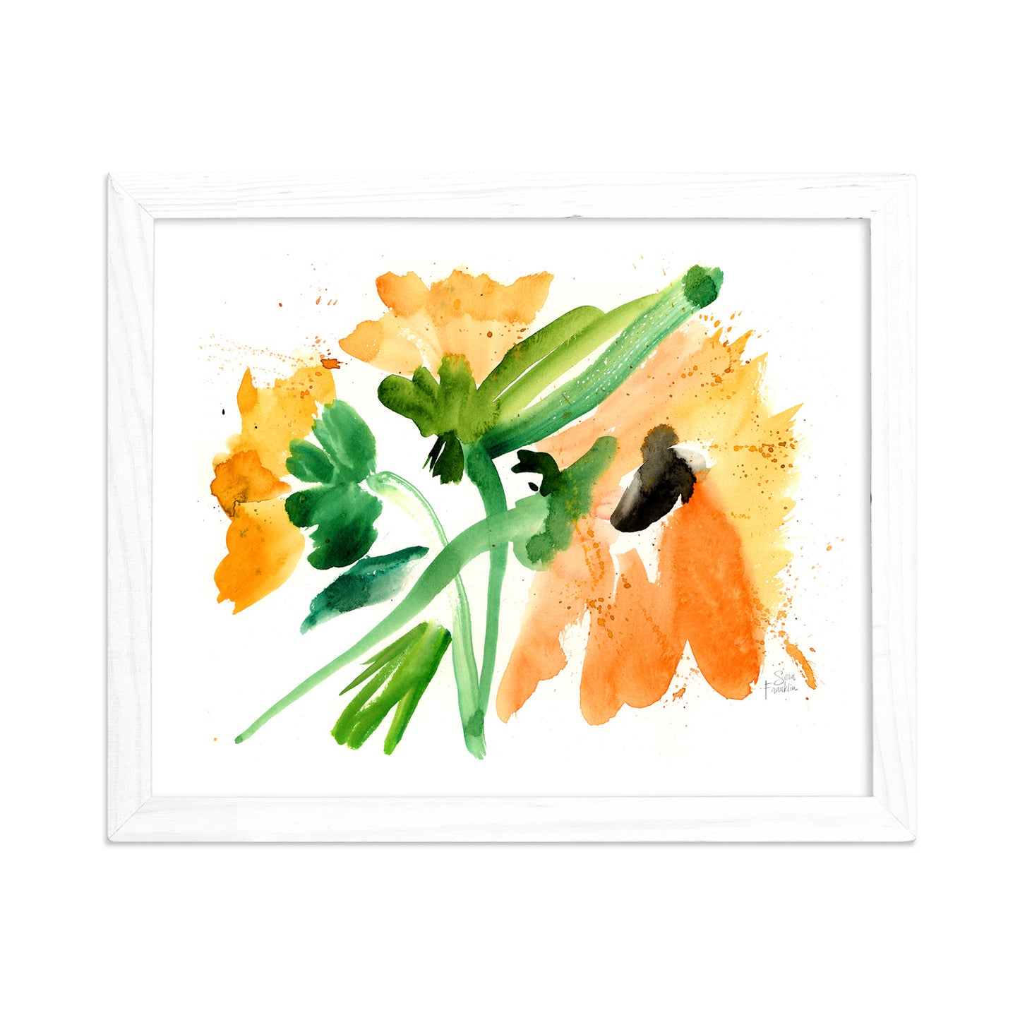 a watercolor painting of flowers in a white frame