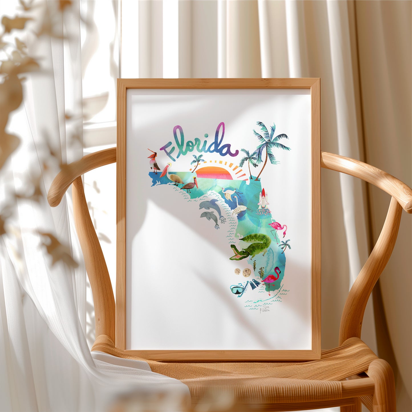 a picture of a chair with a picture frame on it