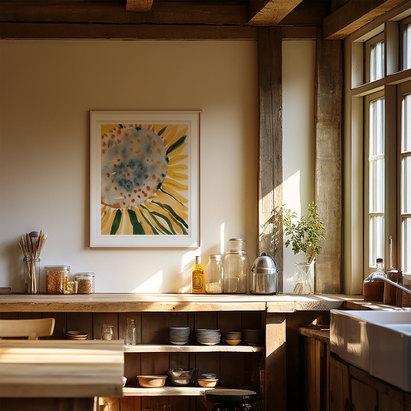 a cozy kitchen with a wooden counter, a sink, and various kitchen items such as jars, bottles, and a vase. A framed picture of a sunflower hangs on the wall, and the room is illuminated by natural light coming through a window.