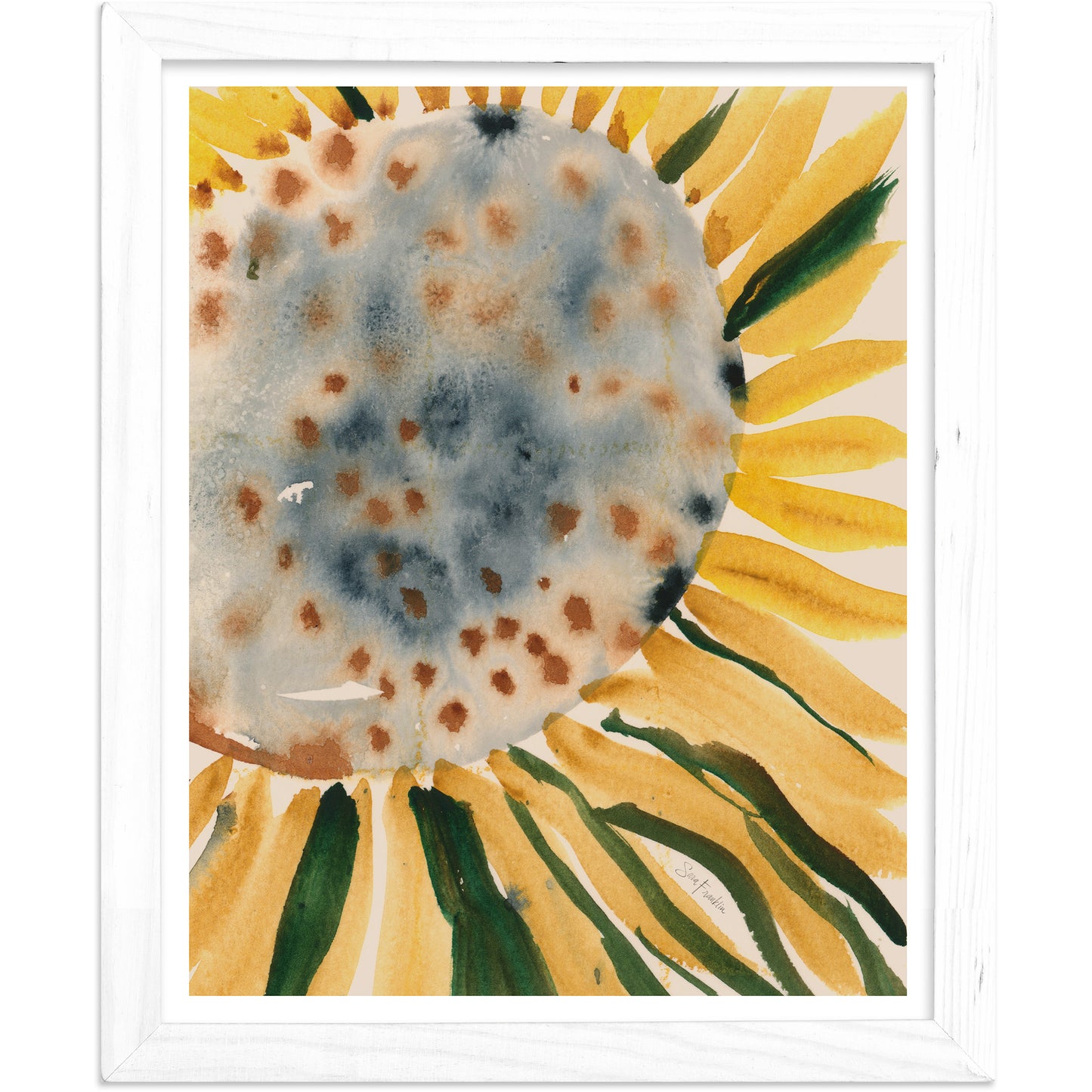 The image is a framed watercolor painting depicting a close-up view of a sunflower.