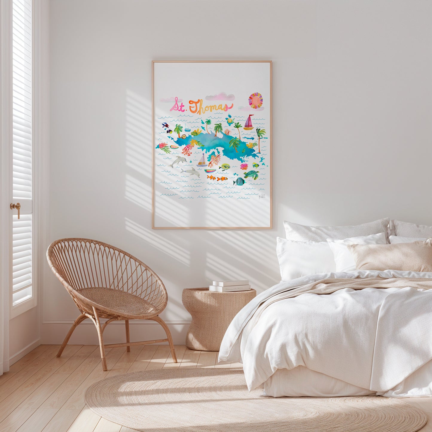a bedroom with a bed, chair and a picture on the wall