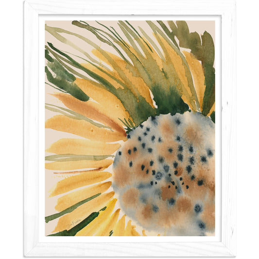 The image is a framed watercolor painting depicting a vibrant sunflower with yellow petals and green leaves.