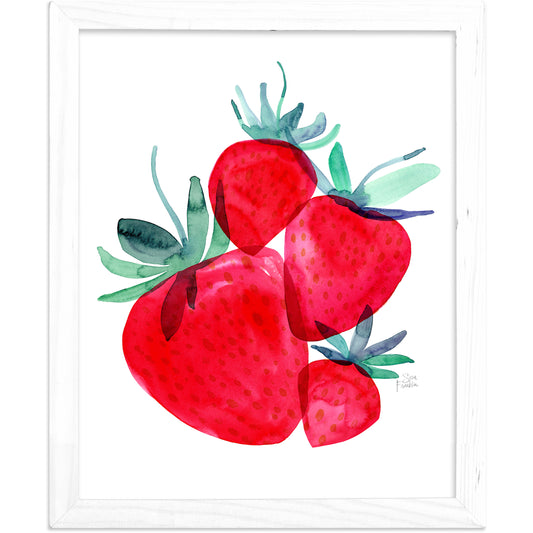 A framed watercolor painting depicting a cluster of vibrant red strawberries with green leaves.