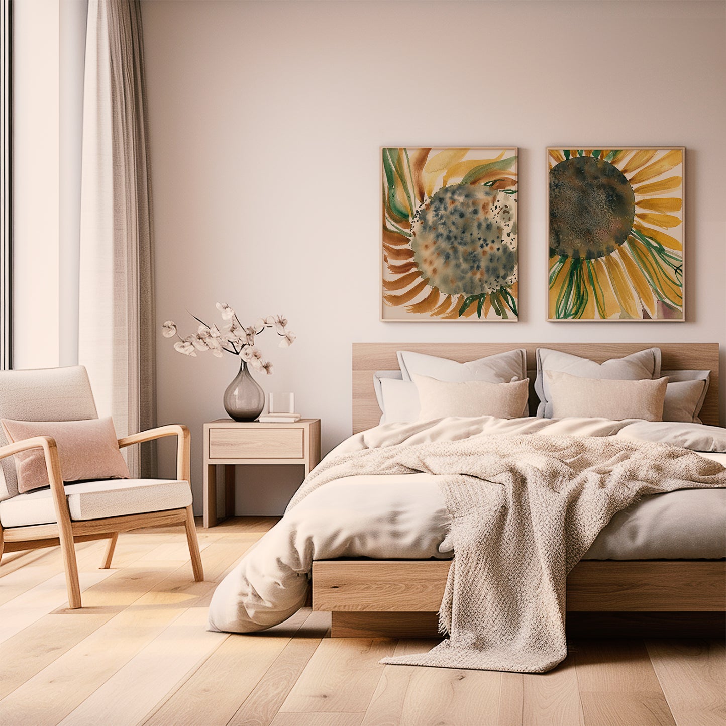 a serene and cozy bedroom with a large bed, a wooden nightstand, and a chair. The room has a neutral color palette with a large window providing natural light, and two framed sunflower paintings hanging on the wall.