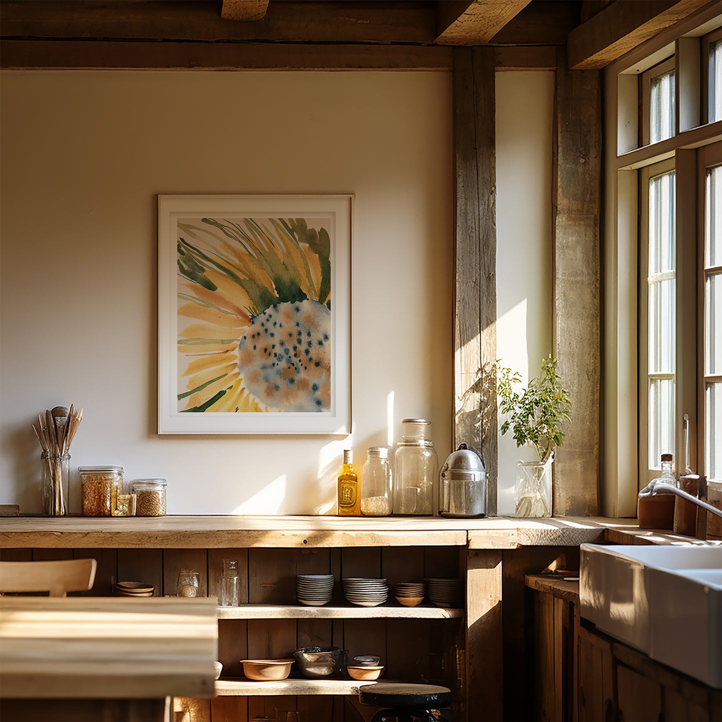 a cozy kitchen with a wooden counter, a sink, and various kitchen items such as jars, bottles, and a vase. A framed picture of a sunflower is hanging on the wall above the counter, and the kitchen is bathed in natural light from a window.