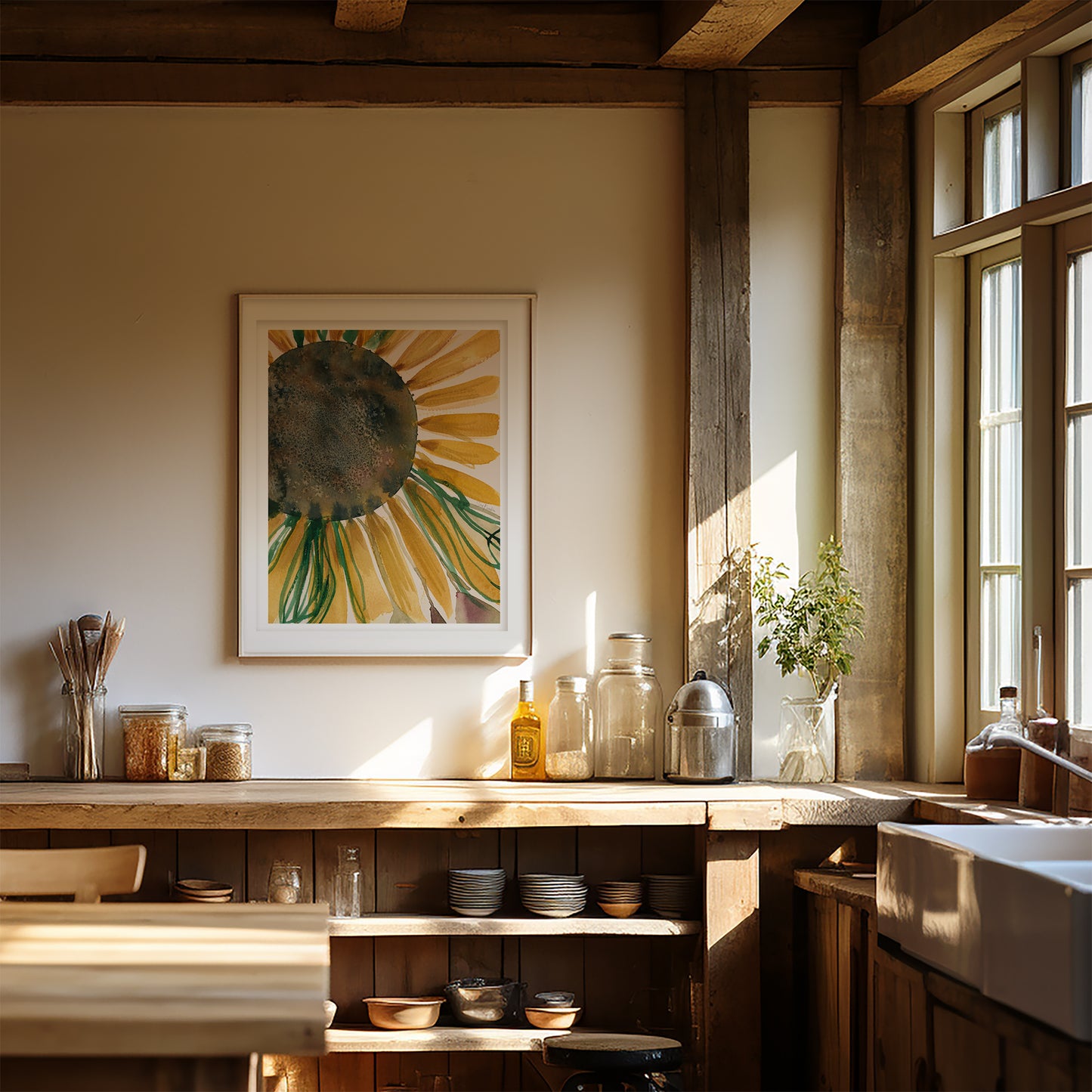a cozy kitchen with a wooden counter, a sink, and various kitchen items such as jars, bottles, and a vase. A framed picture of a sunflower hangs on the wall, and the room is illuminated by natural light coming through a window.