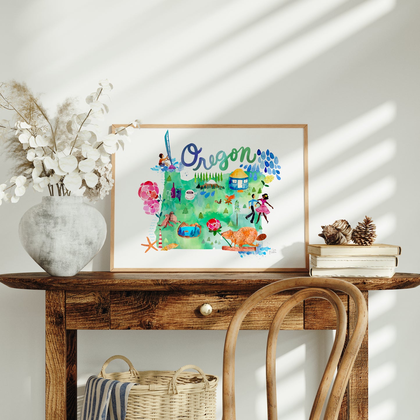 a wooden table with a basket and a picture on top of it