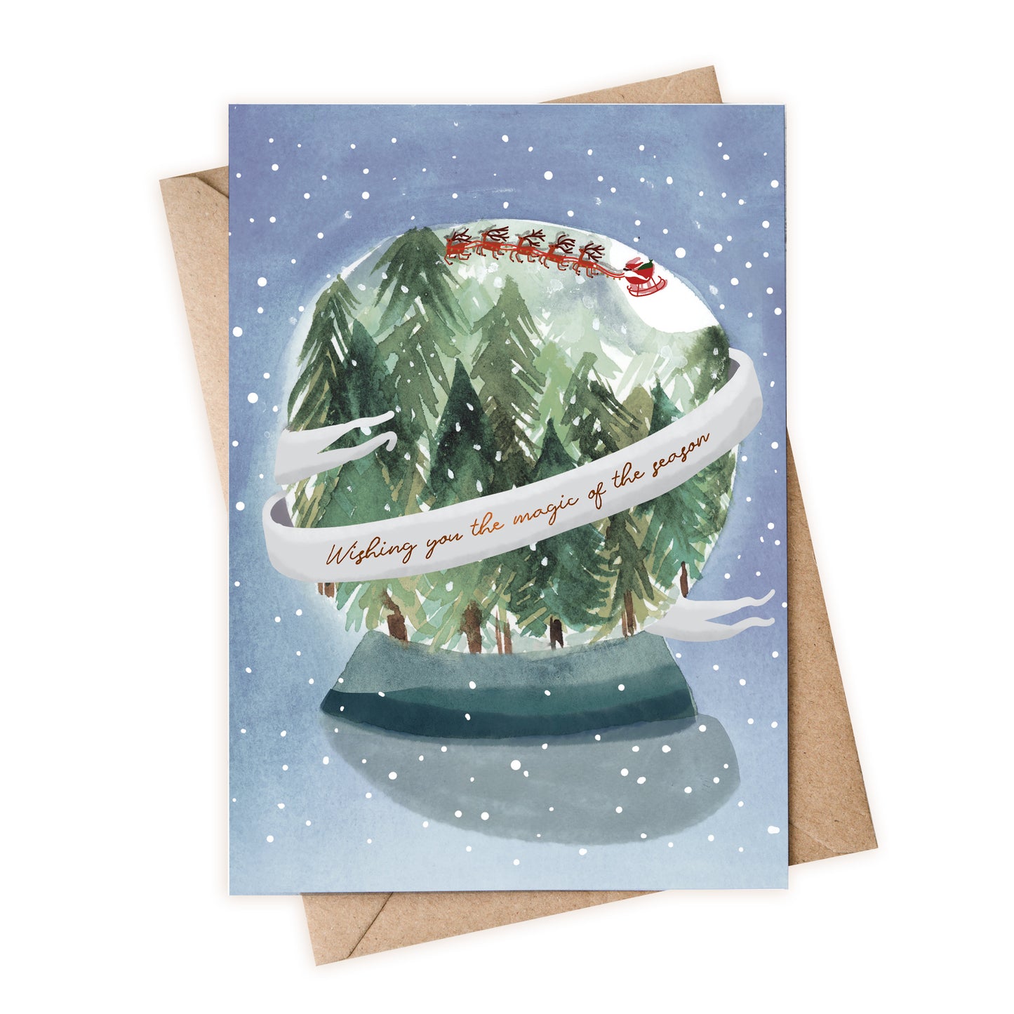 a christmas card with a picture of a snow globe