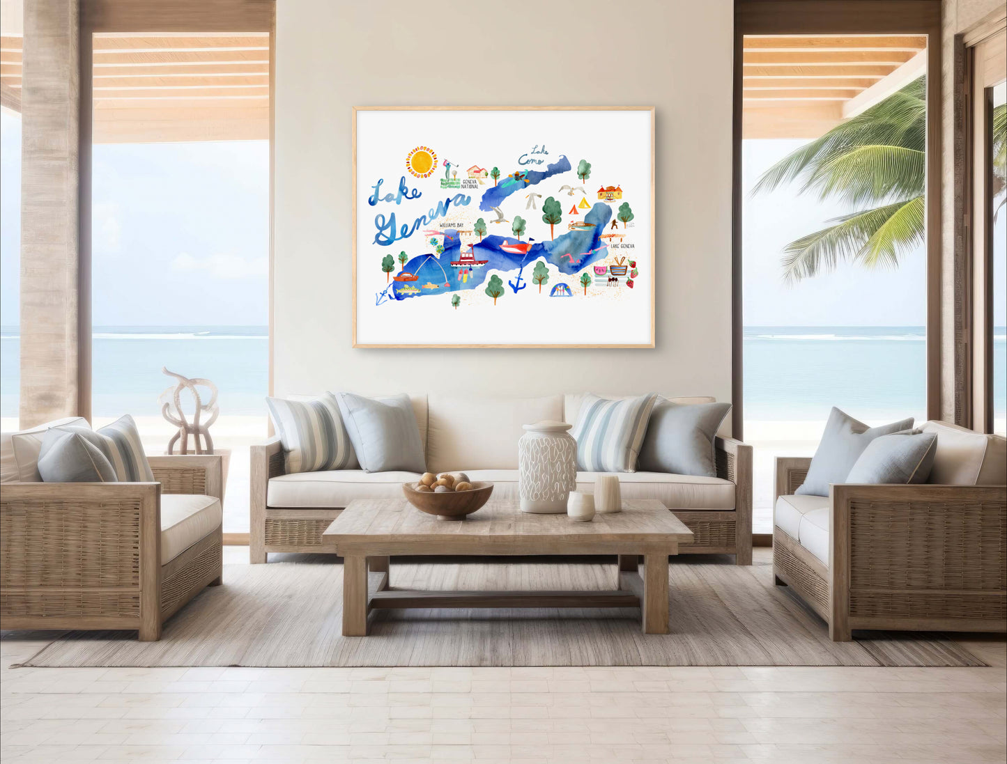 a living room filled with furniture and a painting on the wall