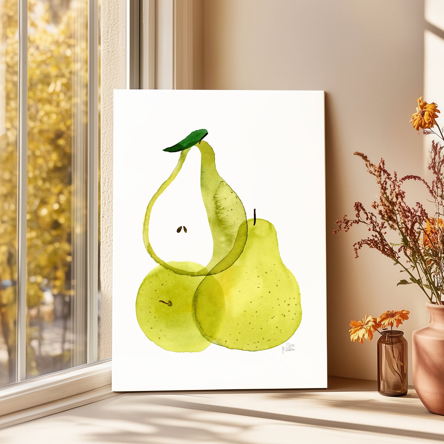 a painting of two green pears on a white background, placed on a windowsill next to a vase with flowers.