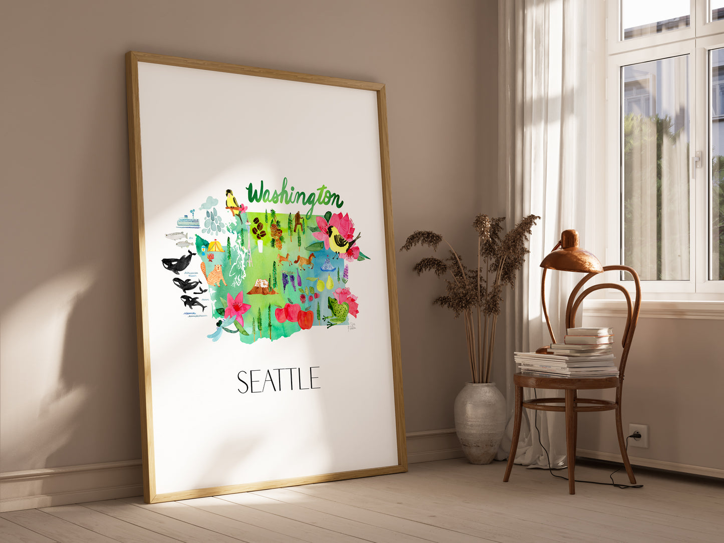a picture of the state of seattle on a wall next to a chair