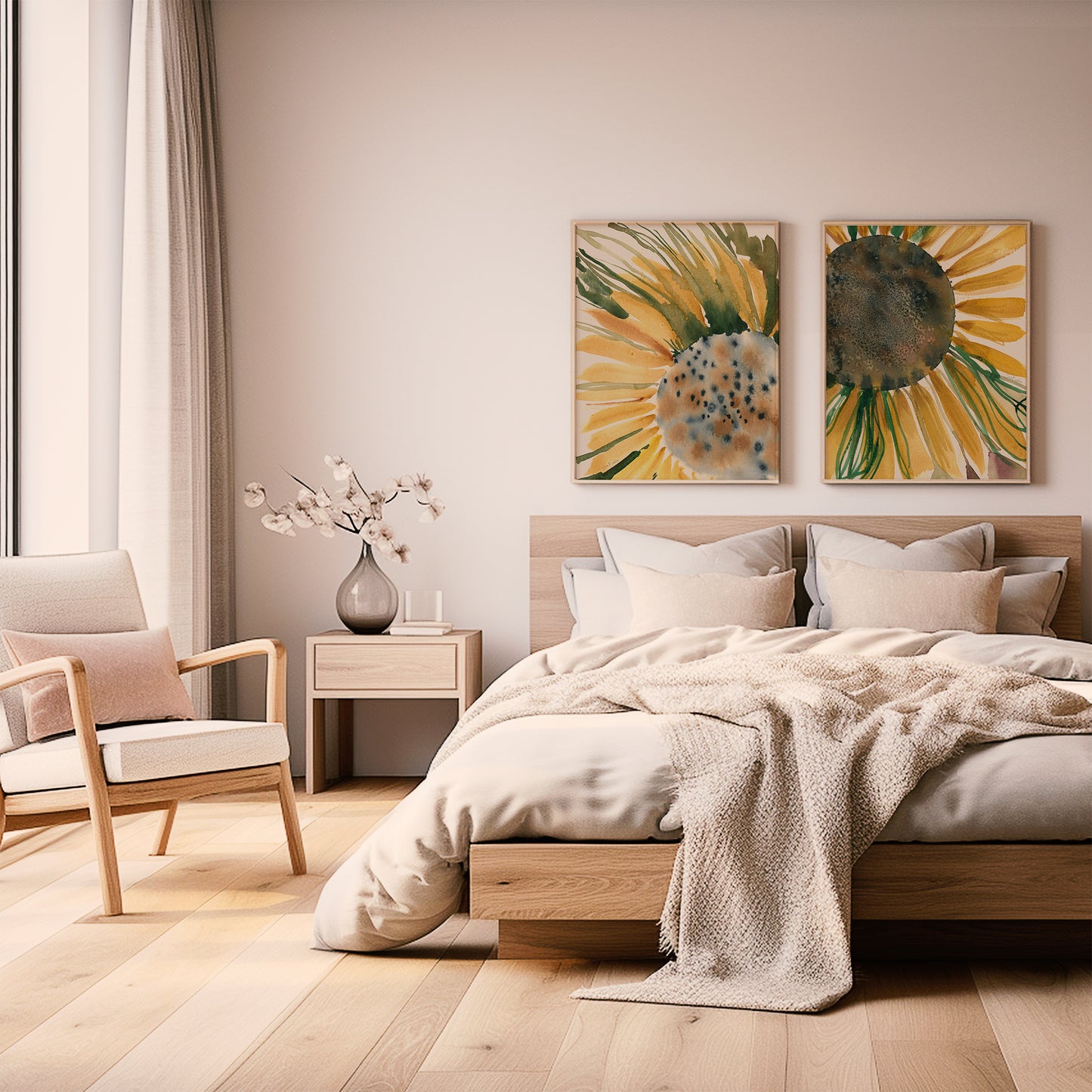 a serene and cozy bedroom with a large bed, a wooden nightstand, and a chair. The room has a neutral color palette with a large sunflower painting on the wall, adding a touch of warmth and natural beauty to the space.