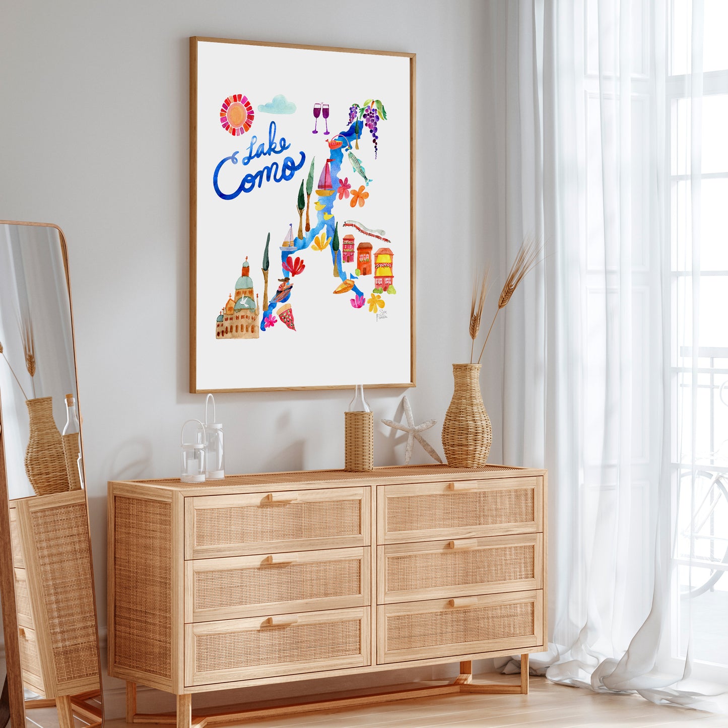 a wooden dresser sitting in a living room next to a window