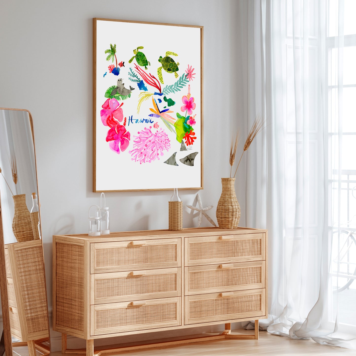 a picture hanging on a wall above a dresser