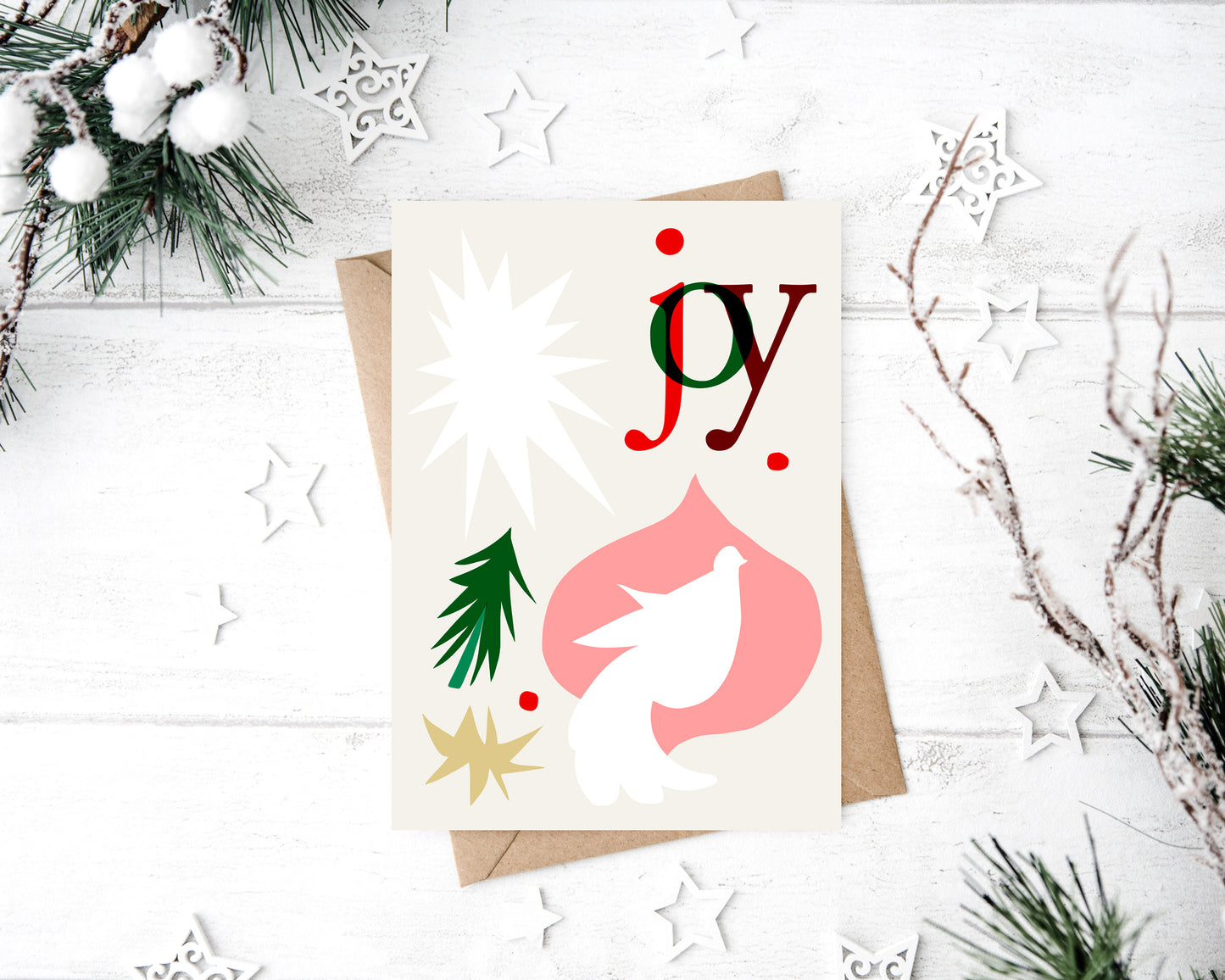 a christmas card with a fox and snowflakes