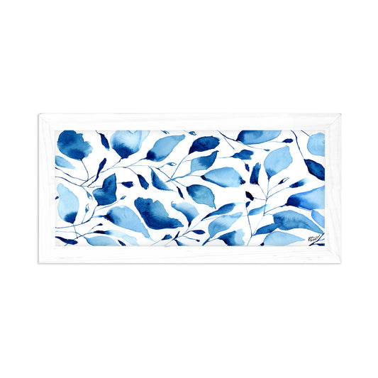 a painting of blue leaves on a white background