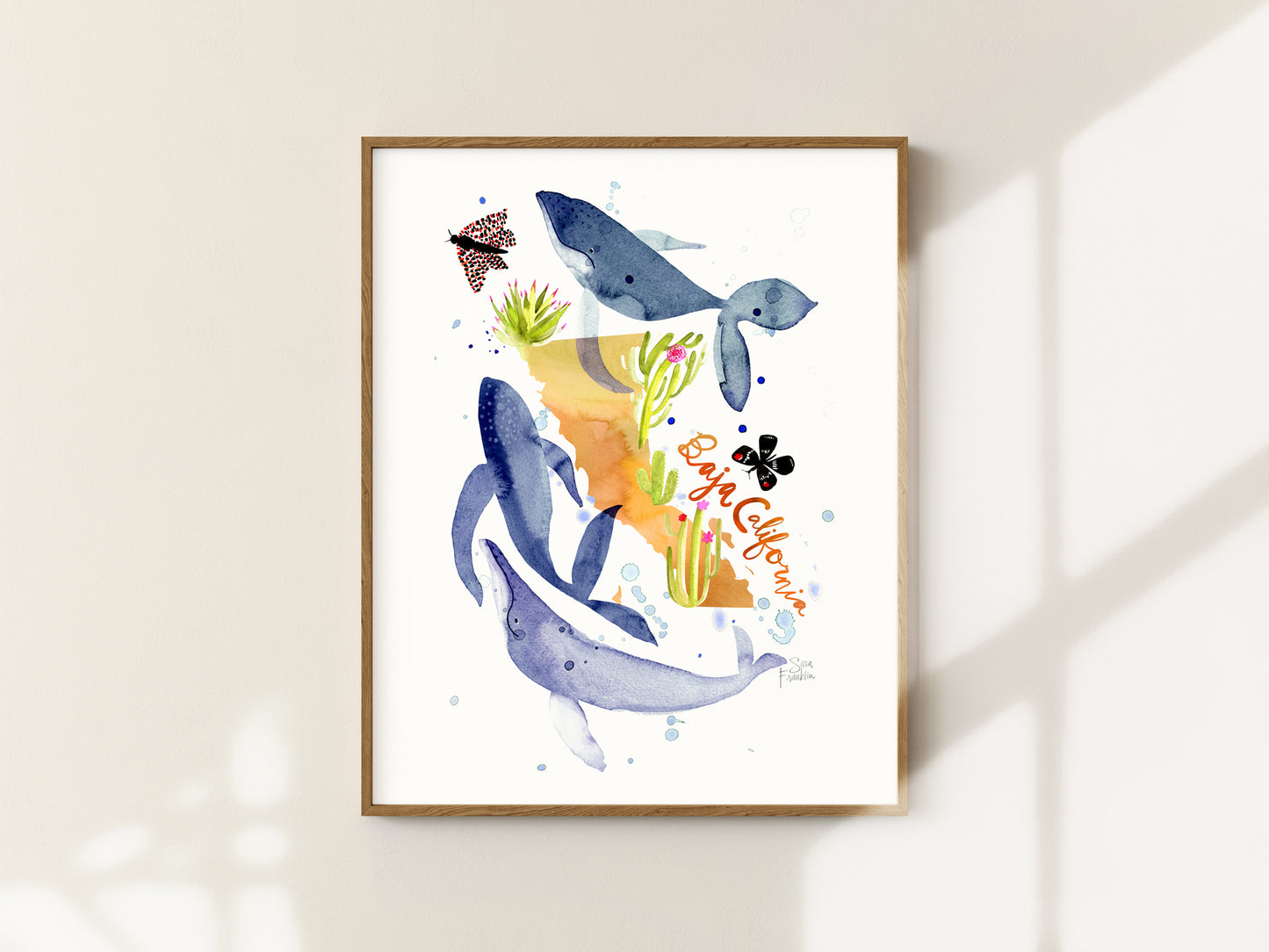 a watercolor painting of a whale and other animals