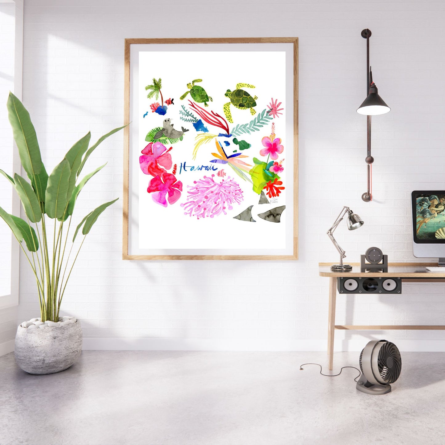 a picture of a room with a plant and a picture on the wall