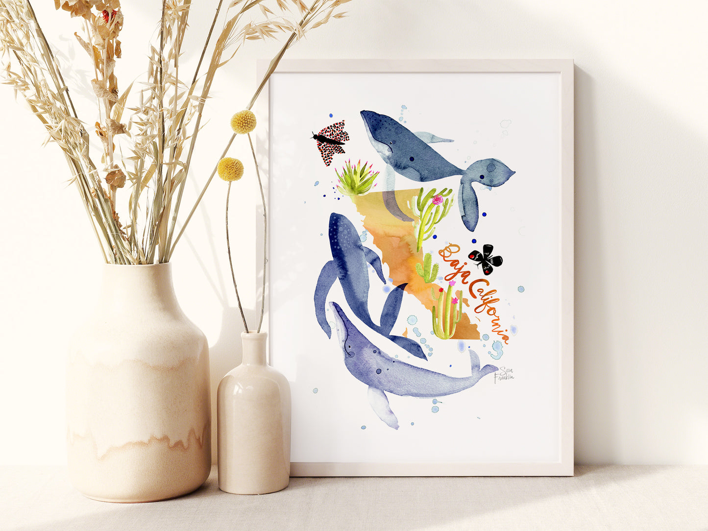 a watercolor painting of a fish and flowers in a vase