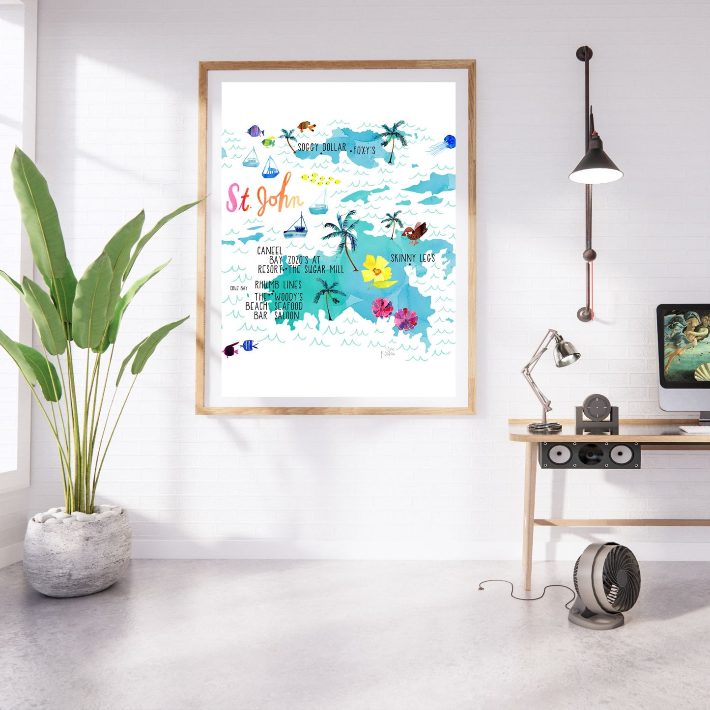 a picture of a room with a plant and a television