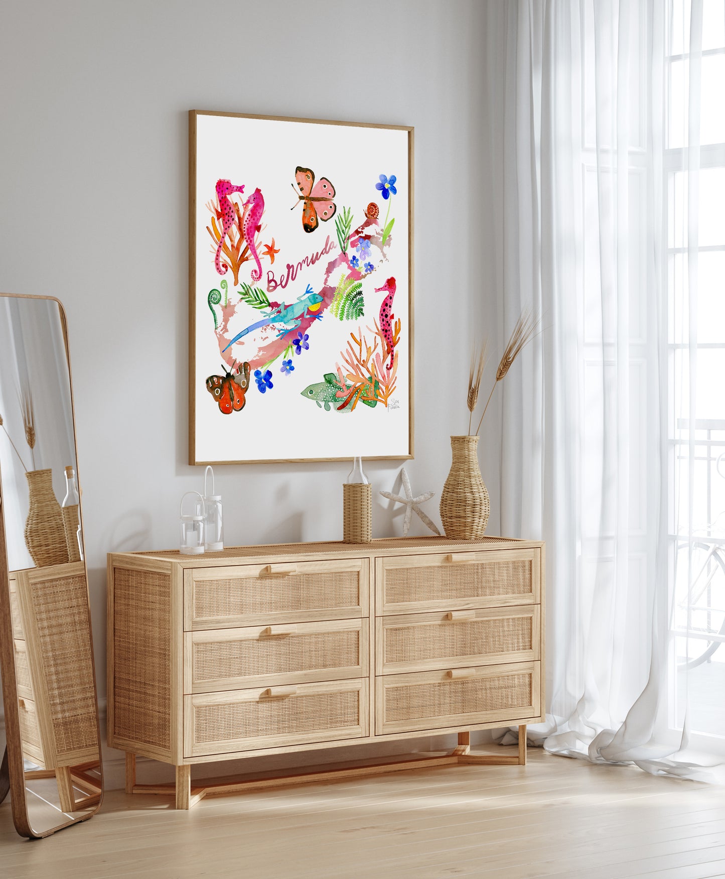 a wooden dresser sitting next to a window