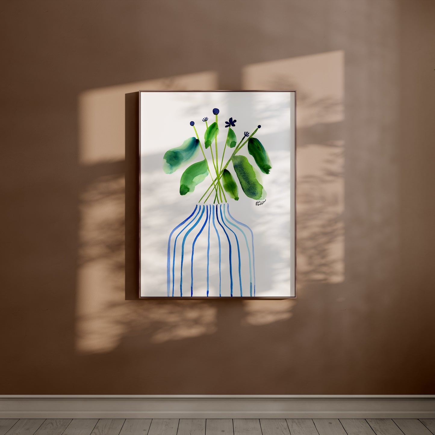 a painting of a vase with flowers on a brown wall