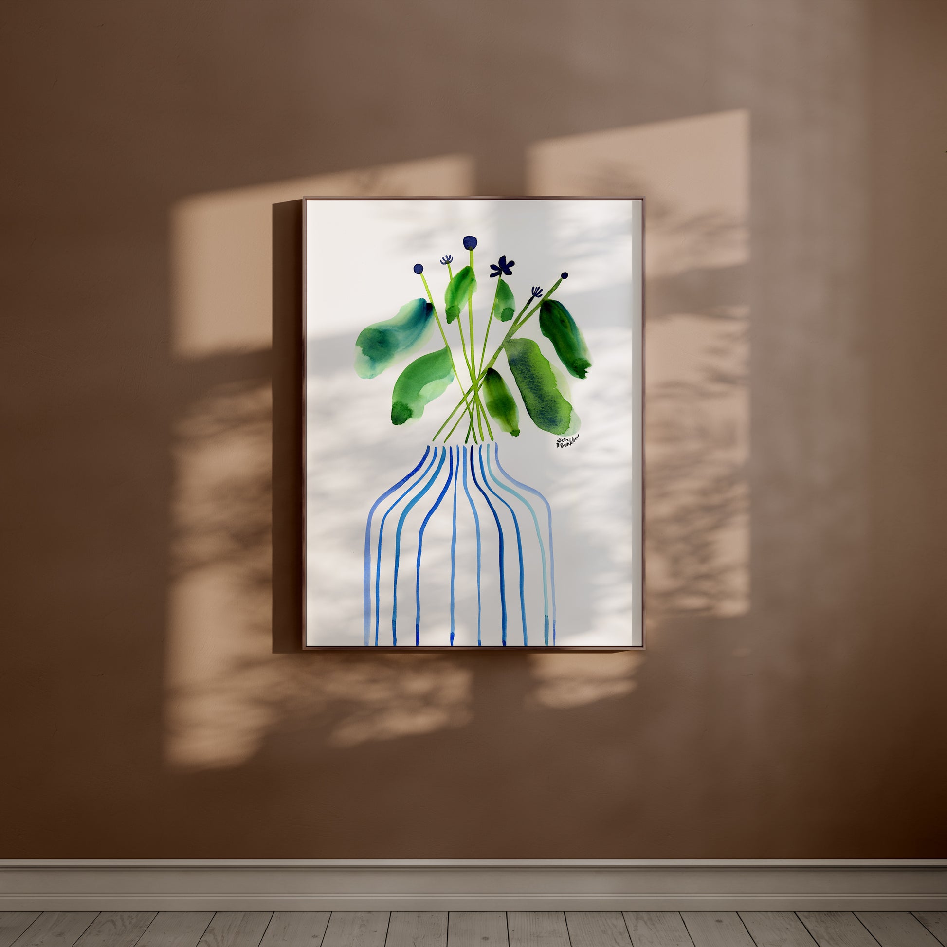 a painting of a vase with flowers on a brown wall