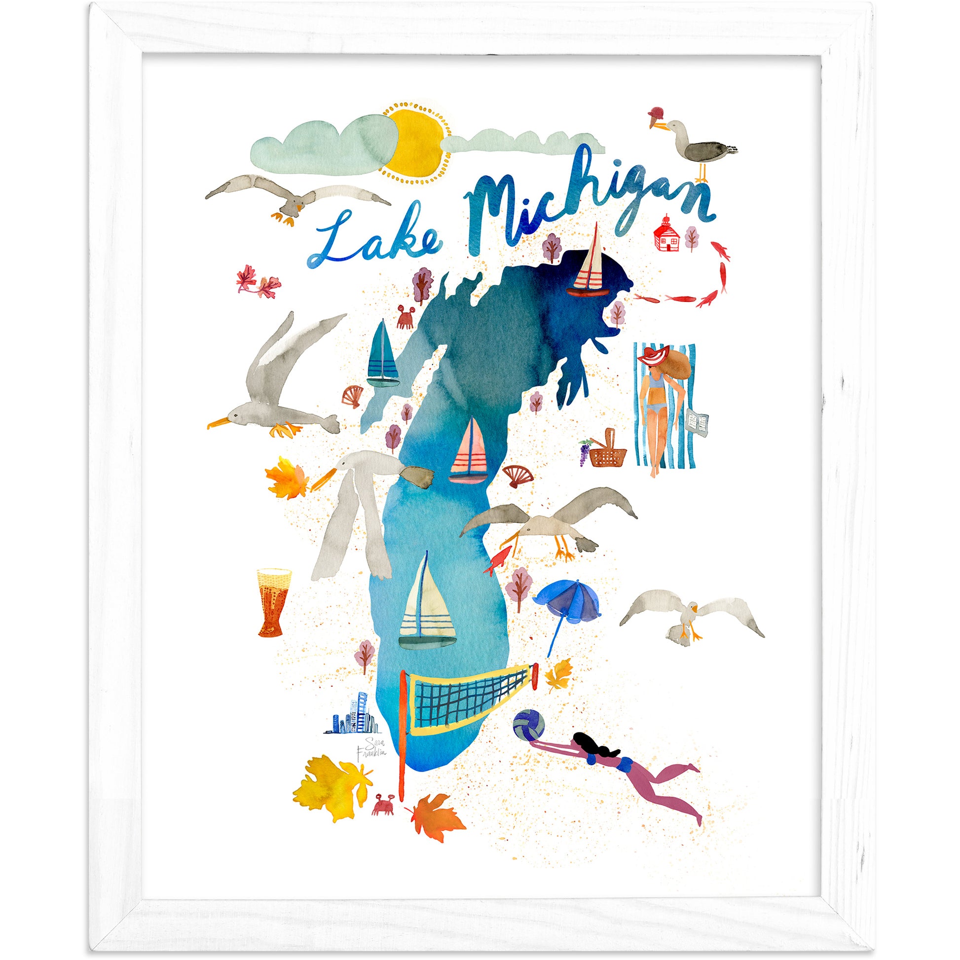 a watercolor painting of a woman surrounded by seagulls