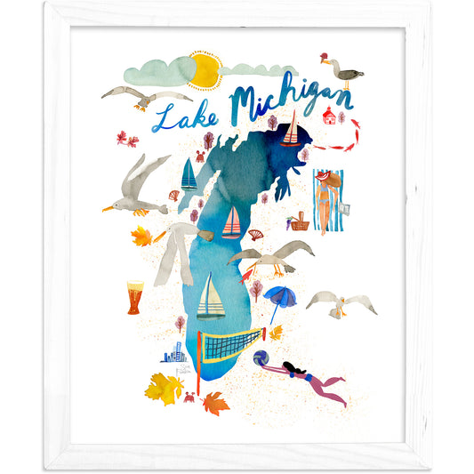 a watercolor painting of a woman surrounded by seagulls