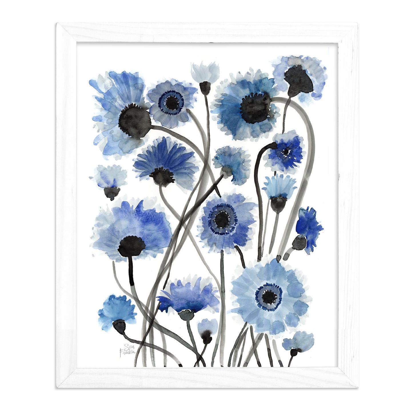 a painting of blue flowers on a white background