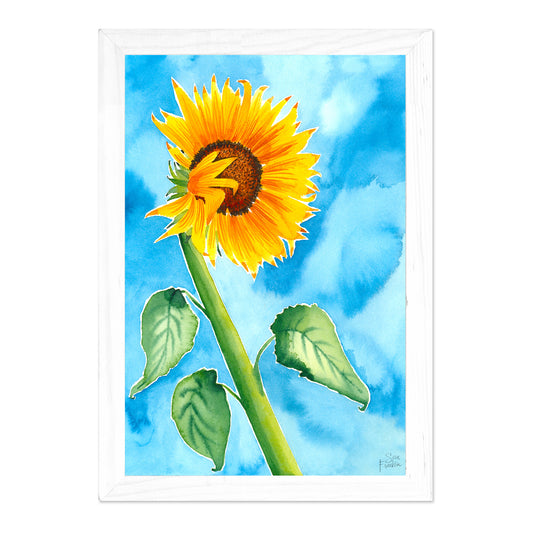a painting of a sunflower on a blue sky background