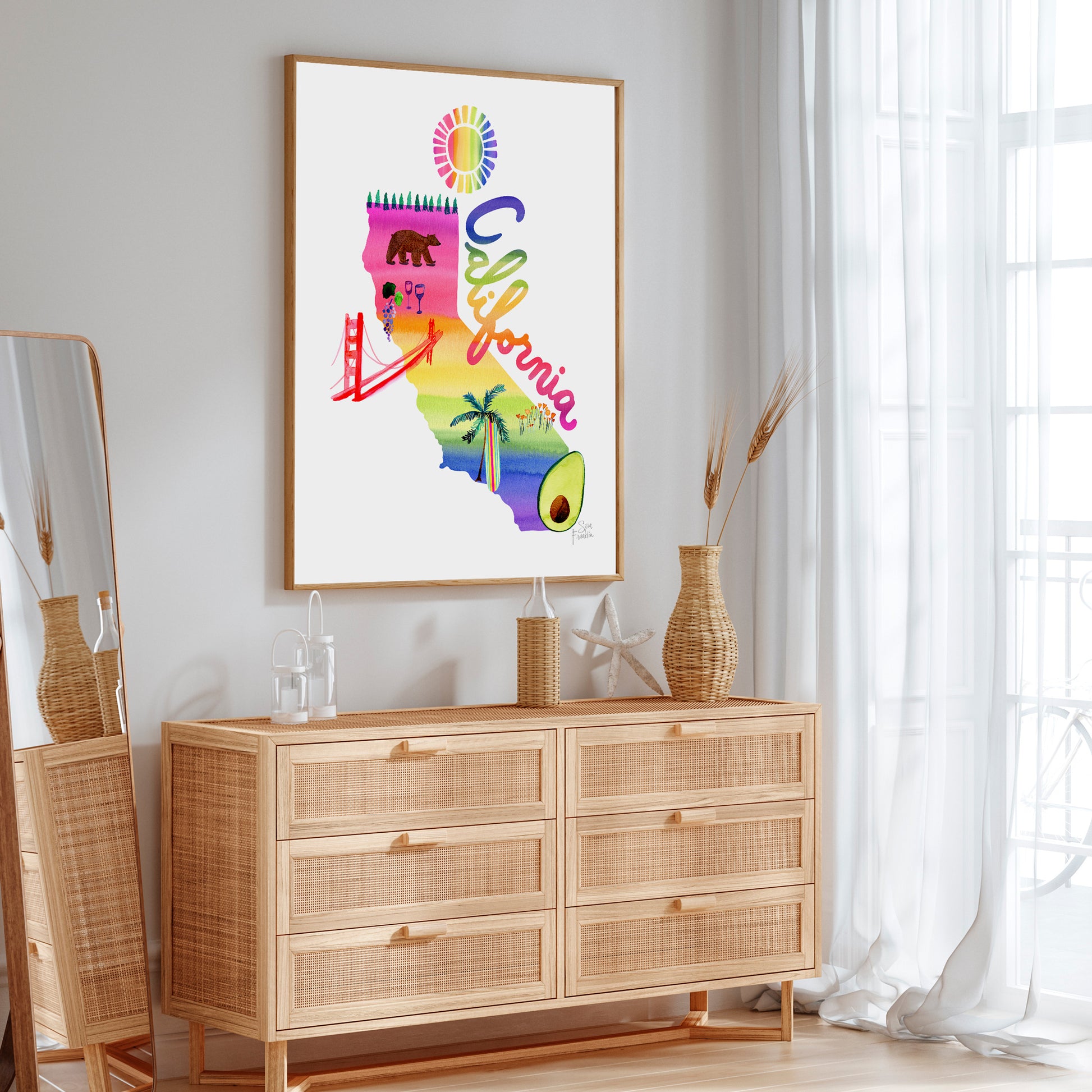 a wooden dresser sitting next to a window