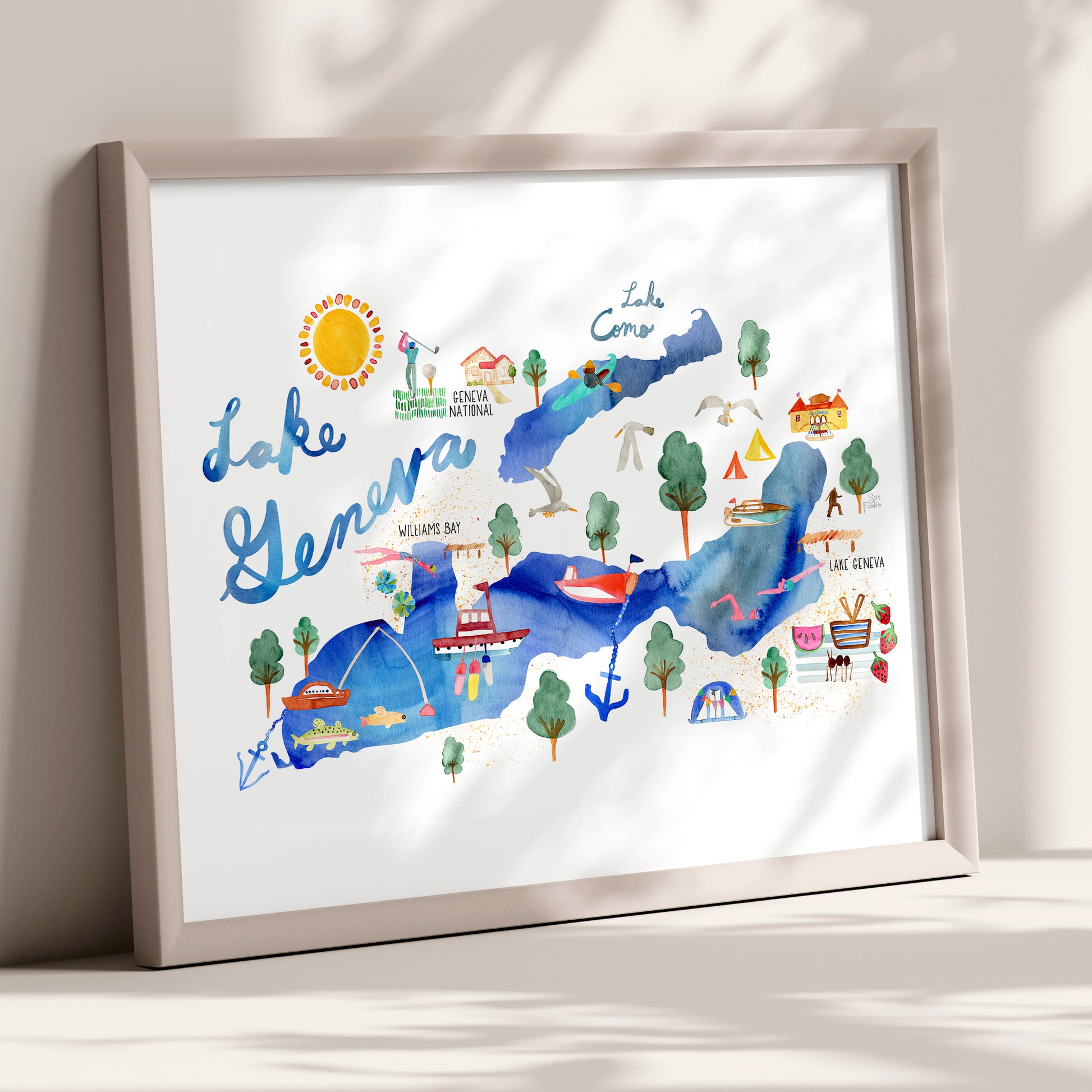 a watercolor map of a lake surrounded by trees