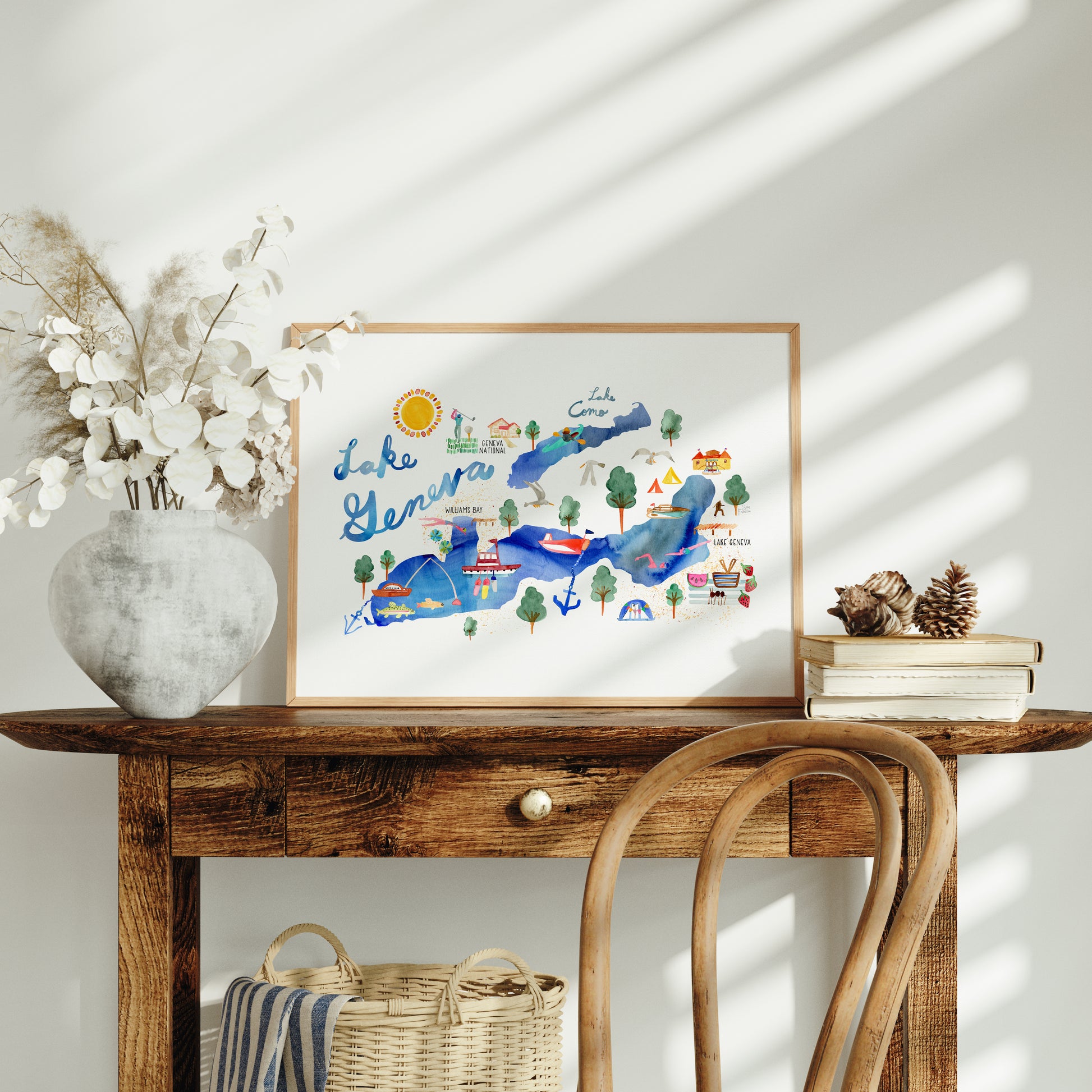 a wooden table with a basket and a picture on it