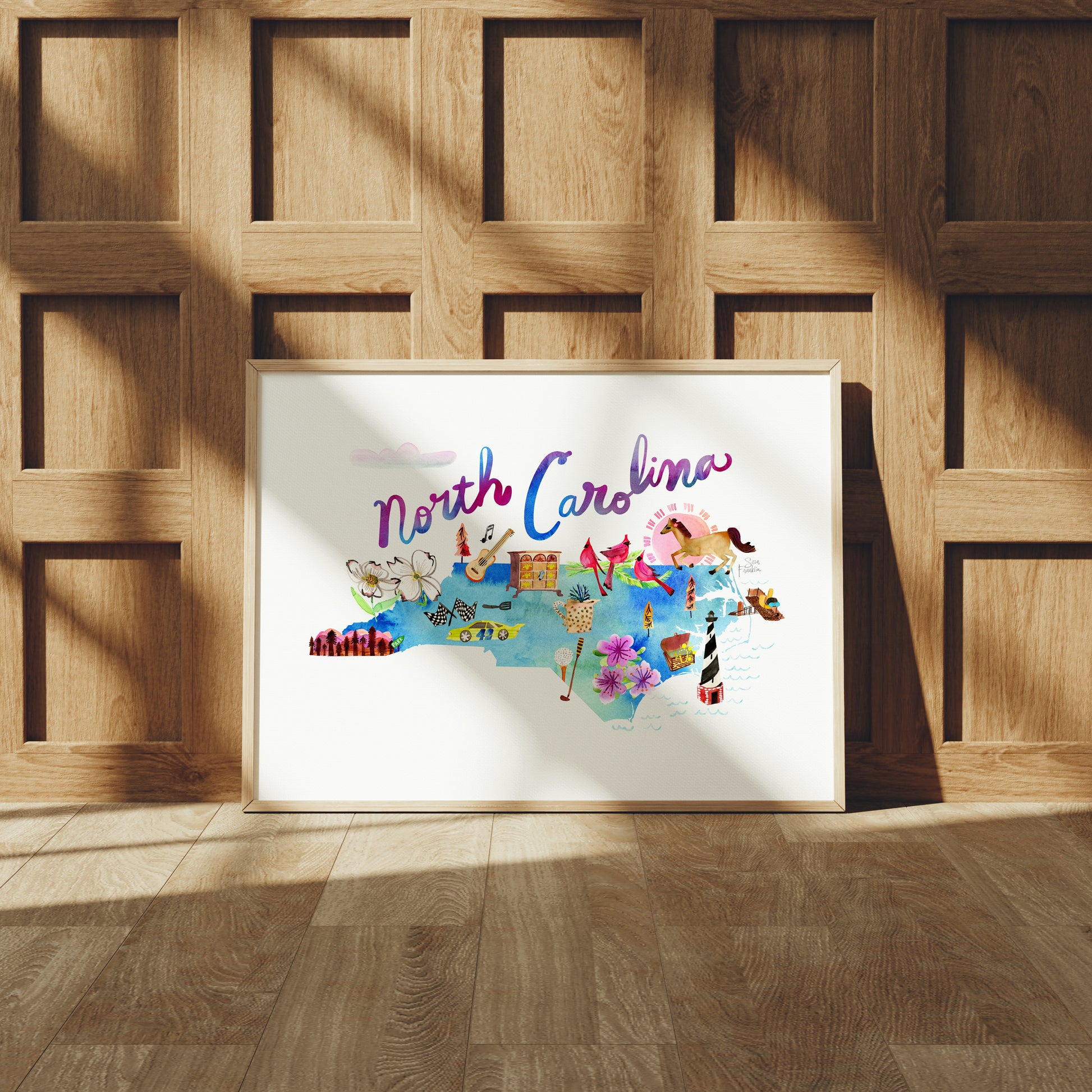 a picture of north carolina on a wood paneled wall