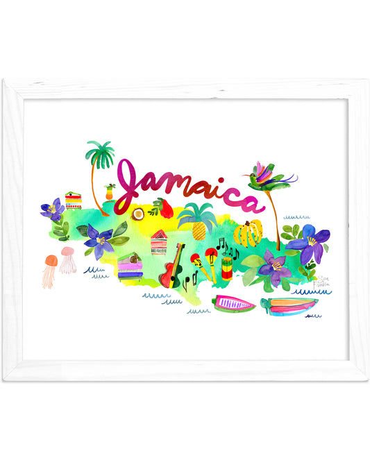 a white framed picture of a map of jamaica