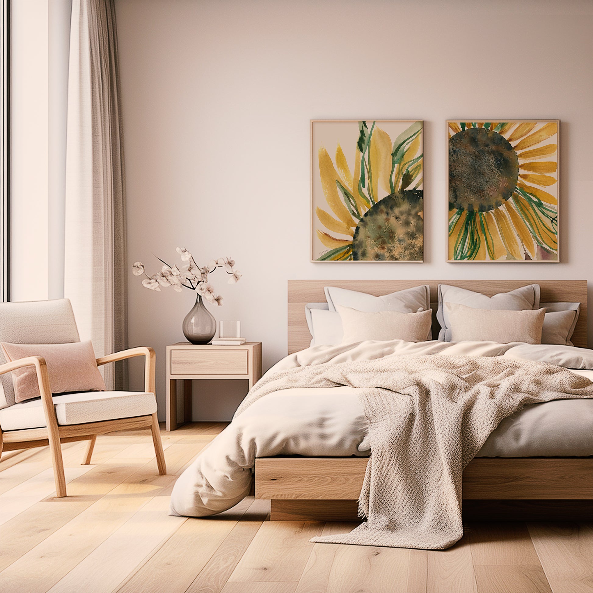 a serene and cozy bedroom with a large bed, a wooden nightstand, and a chair. The room has a neutral color palette, with a large window allowing natural light to fill the space. The walls are painted in a light color, and there are two framed pictures of sunflowers hanging above the bed. The room also features a vase of flowers on the nightstand, adding a touch of nature and elegance to the overall design.