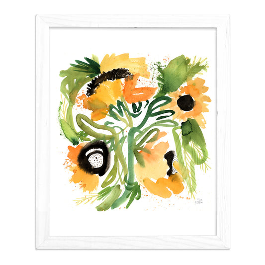 a watercolor painting of sunflowers in a white frame