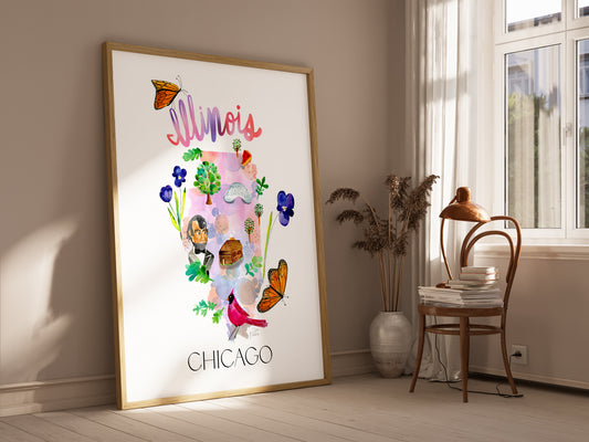 a picture of the chicago skyline with butterflies and flowers