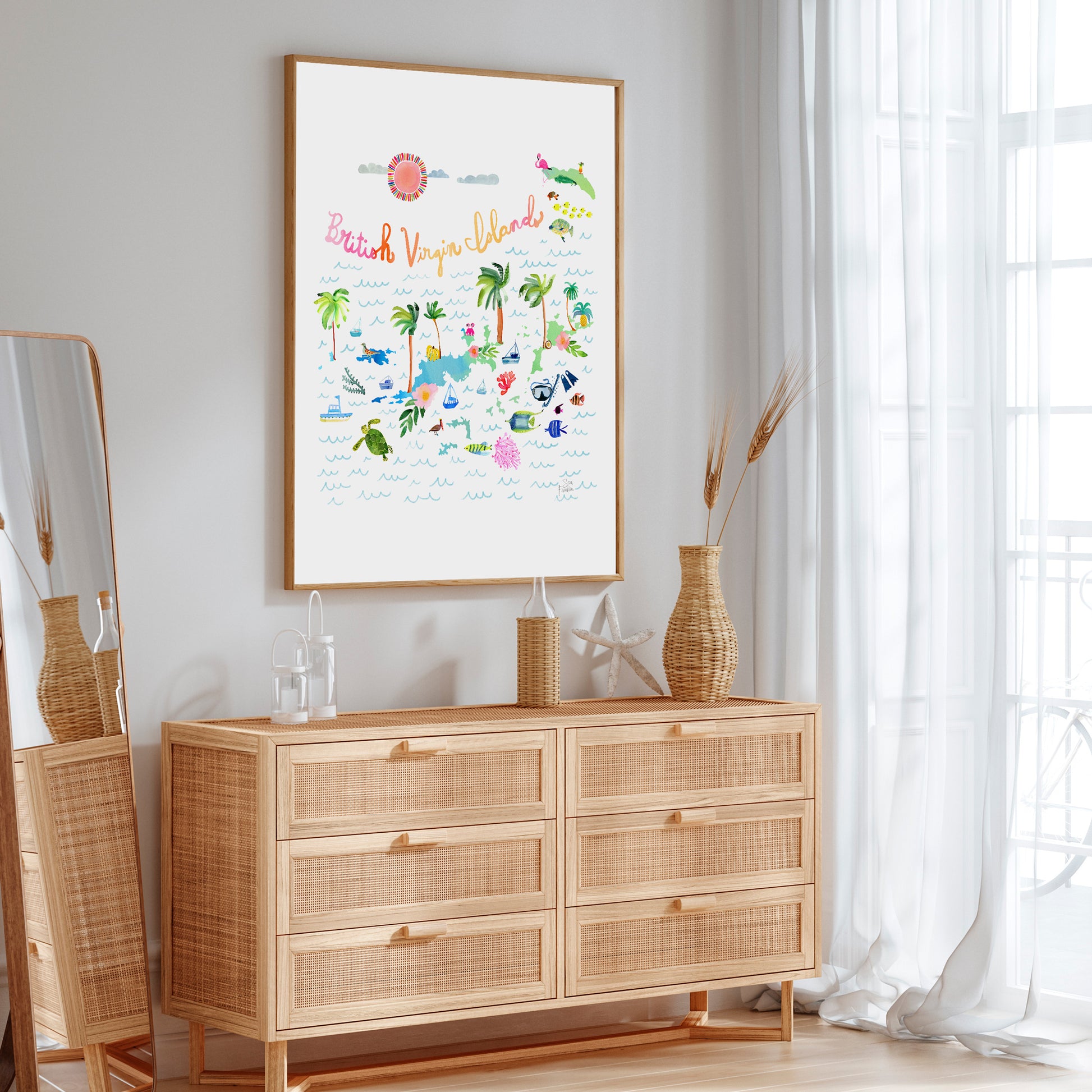a wooden dresser sitting next to a window