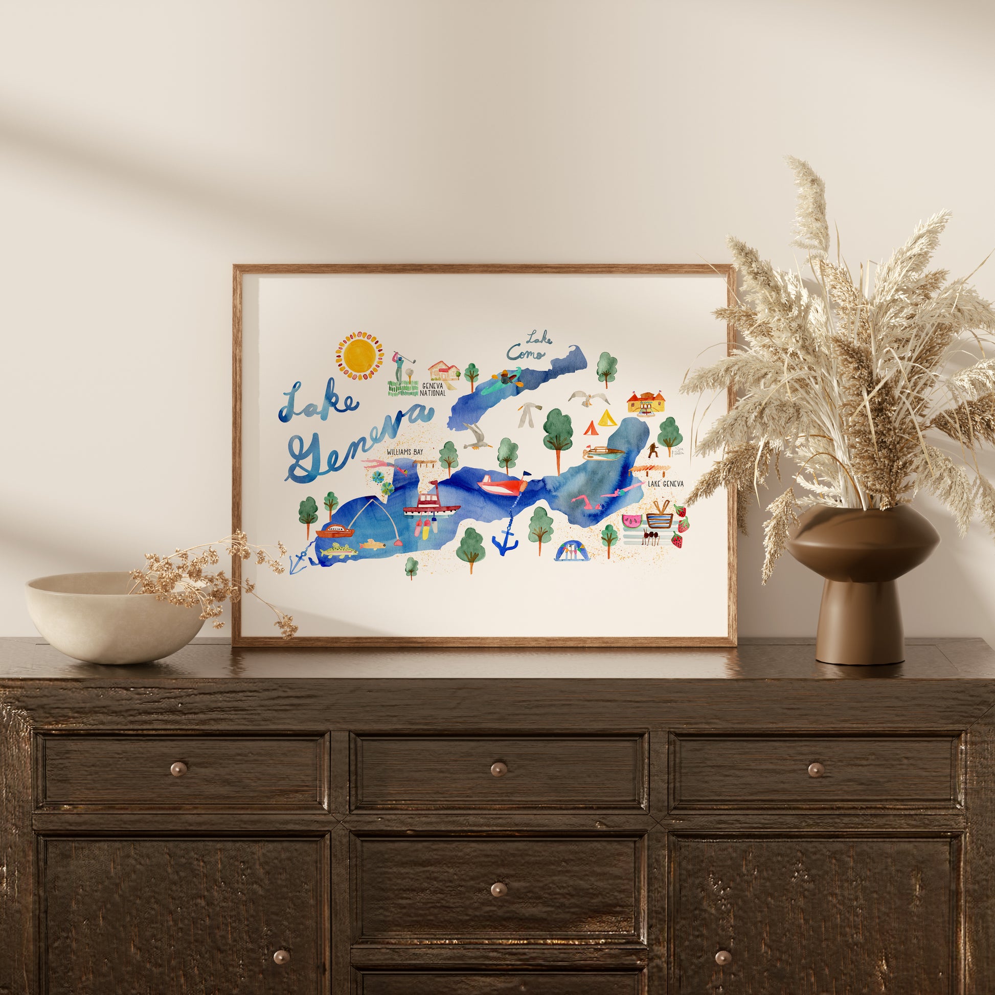 a wooden dresser with a vase of flowers on top of it